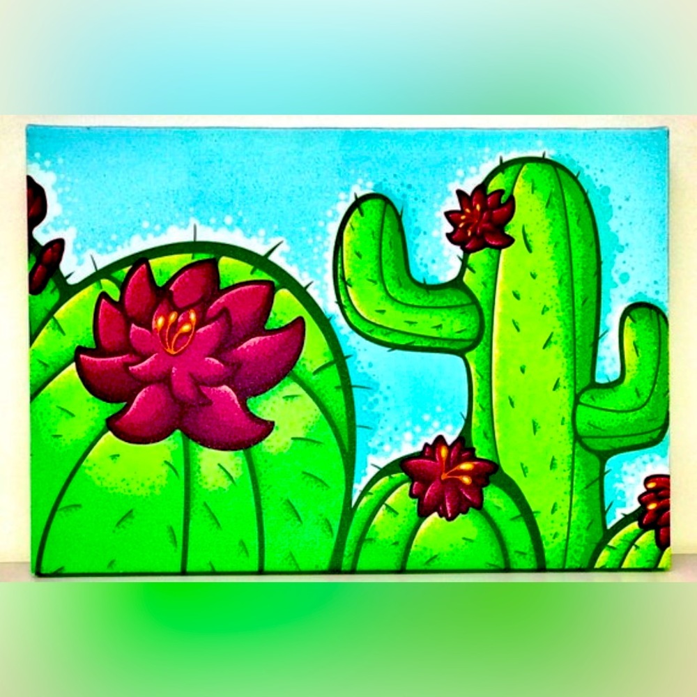 Modern Urban Pop Art Stretched Canvas Acrylic PURPLE FLOWER CACTUS Painting